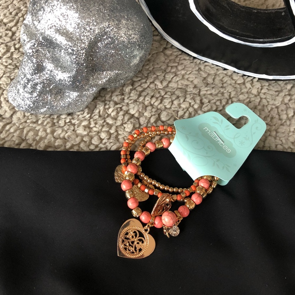 NWT Layered Coral + Gold Stretch Bracelet Set